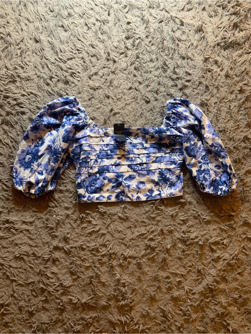 NWT Abercrombie & Fitch blue floral boho puff sleeve poplin crop top size S